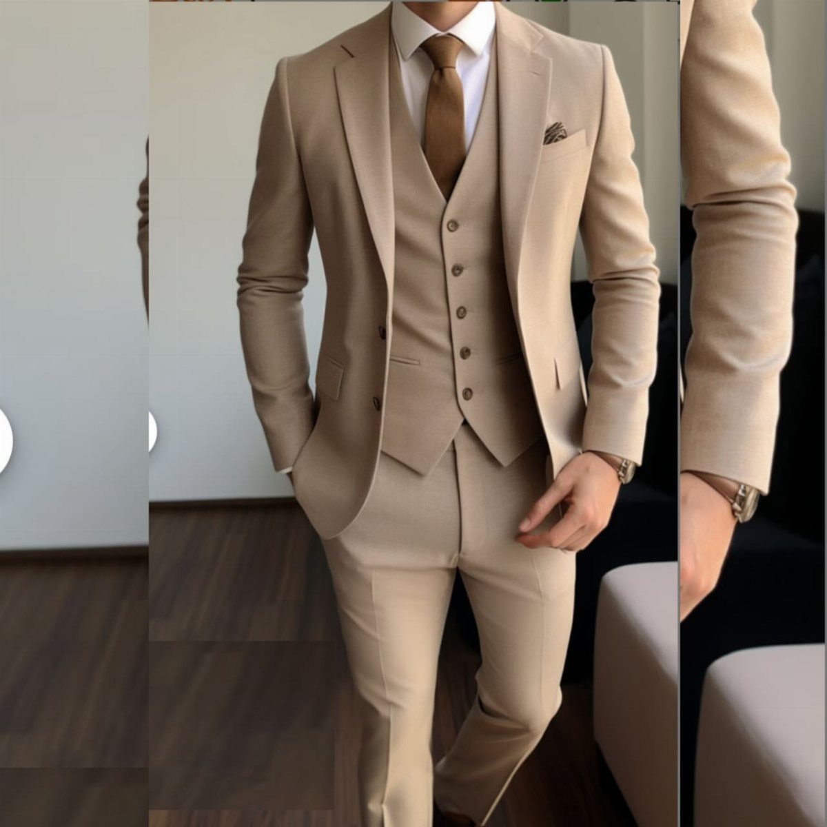 Man wearing a tan three-piece suit with a matching waistcoat and brown tie.