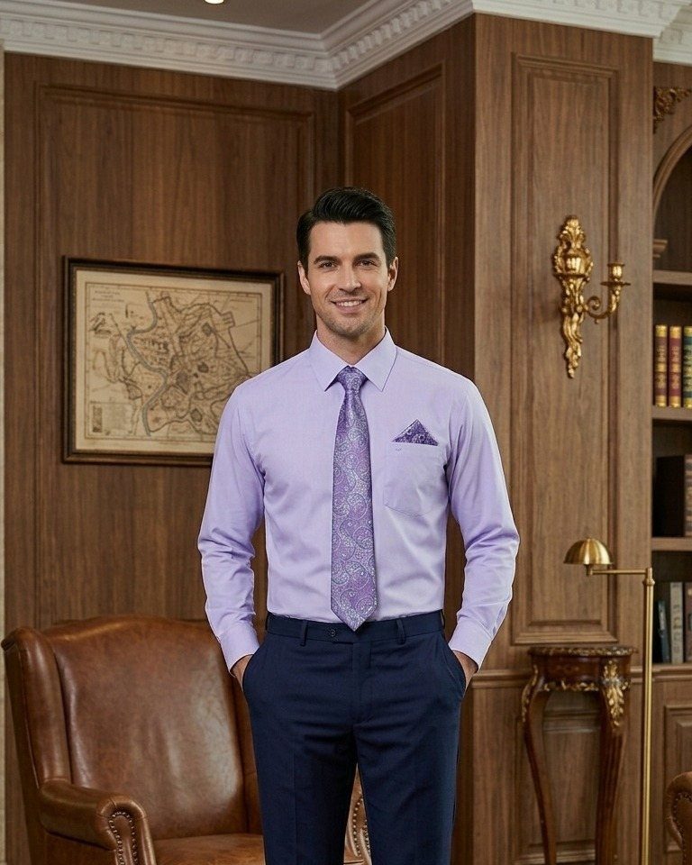 A man smiling while wearing a light purple collared dress shirt and a purple patterned tie.