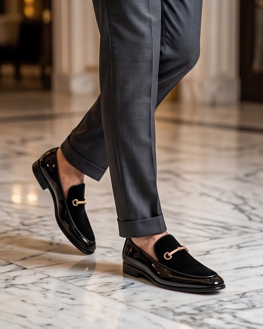 Man walking in grey trousers and black patent leather loafers on marble flooring.