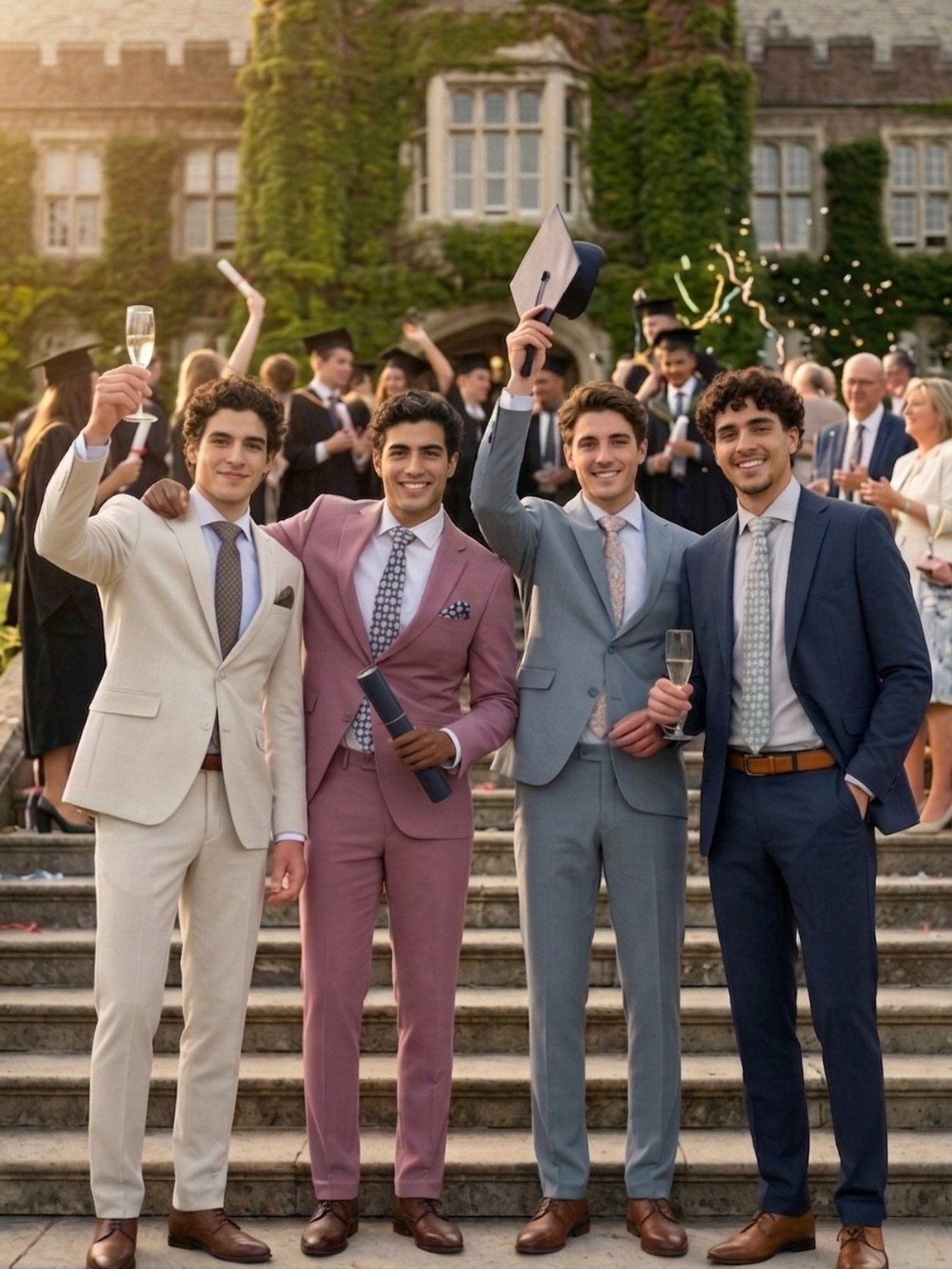 Four young men in colorful tailored suits posing together on stone steps during a graduation celebration.
