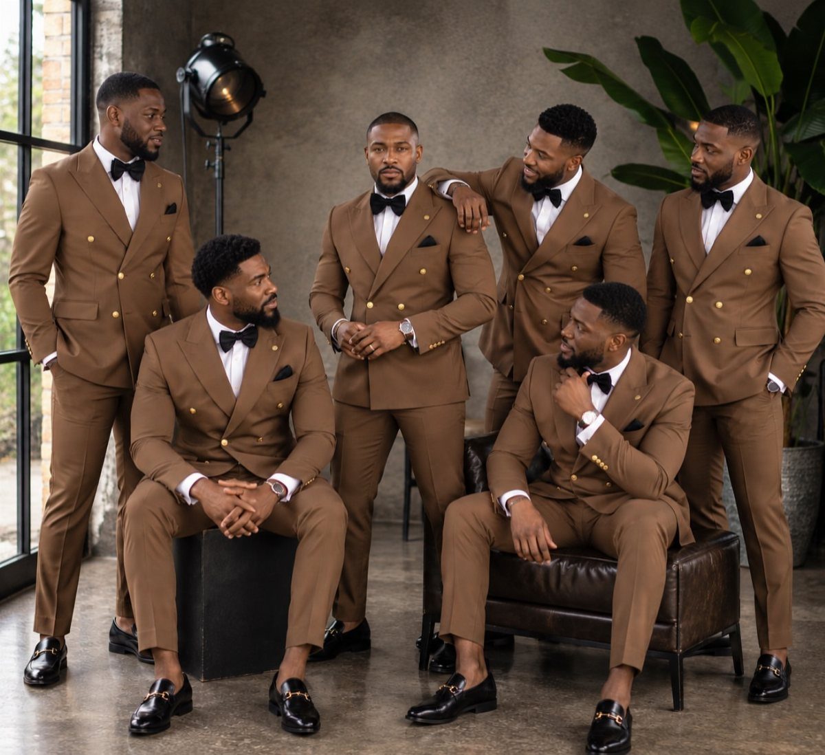 Seven men in matching brown suits and black bow ties posing in a studio.