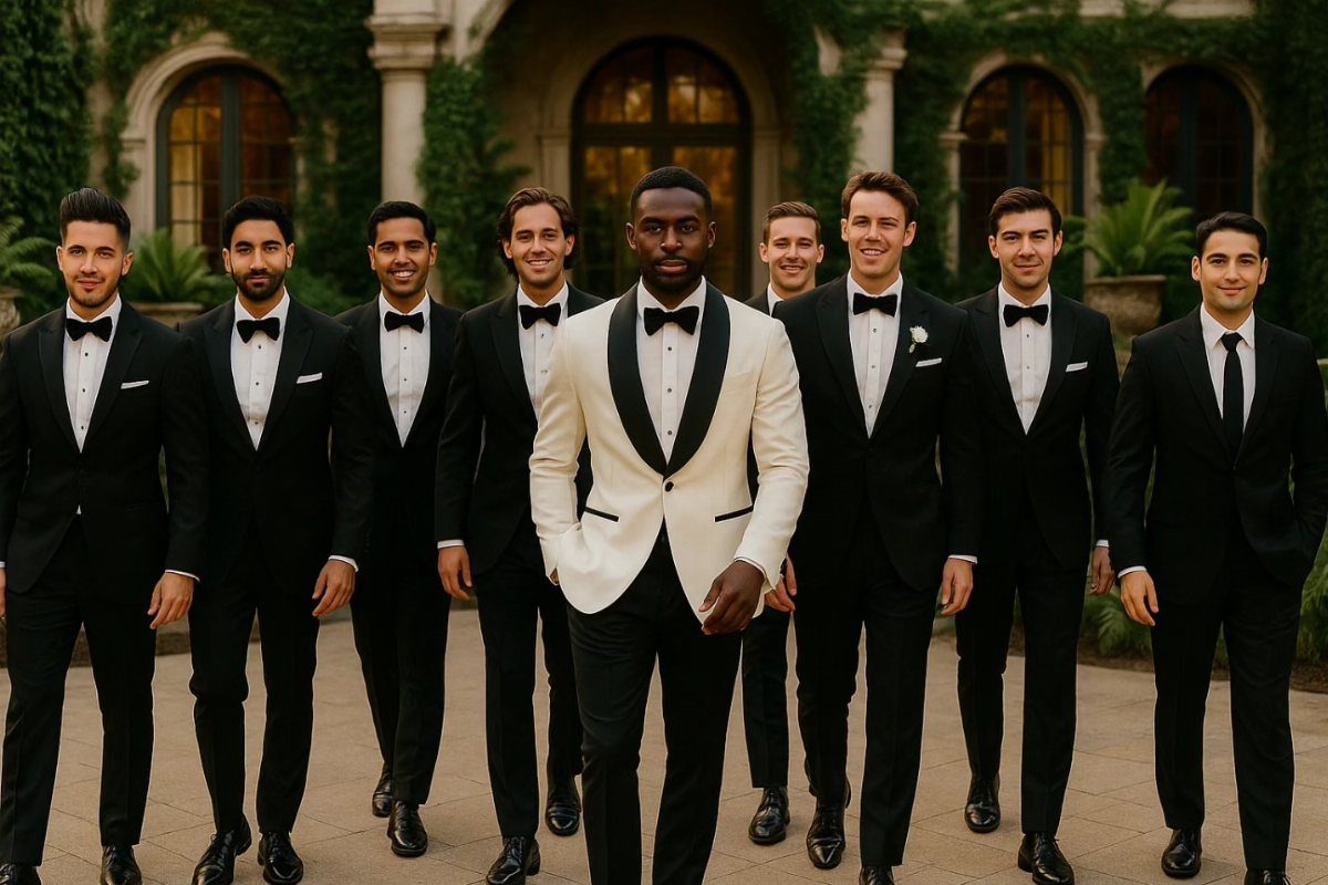 A groom in a white tuxedo stands centered among his groomsmen wearing black tuxedos.