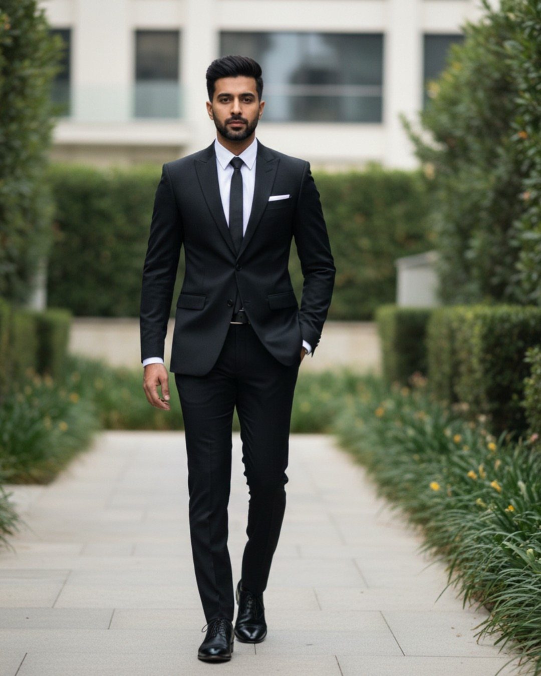 Man in a black suit and white shirt walking along a garden path.