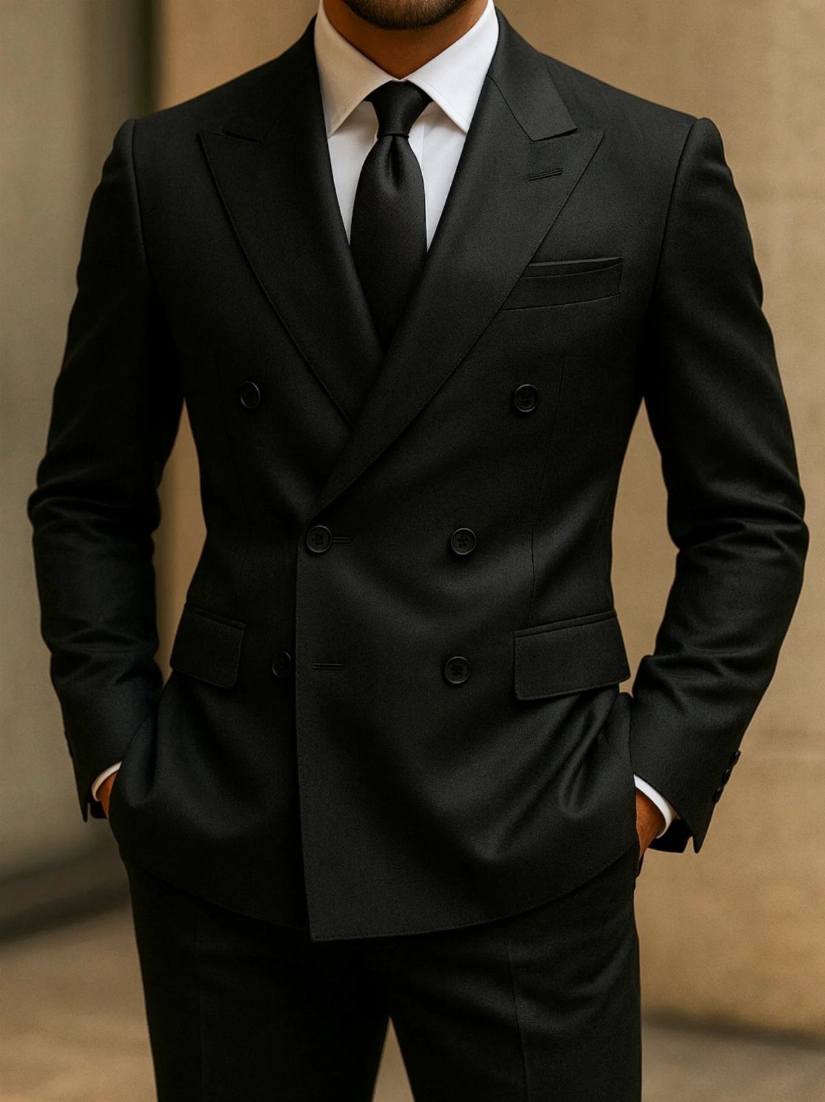 Man wearing a tailored black double-breasted suit with a white shirt and black tie.