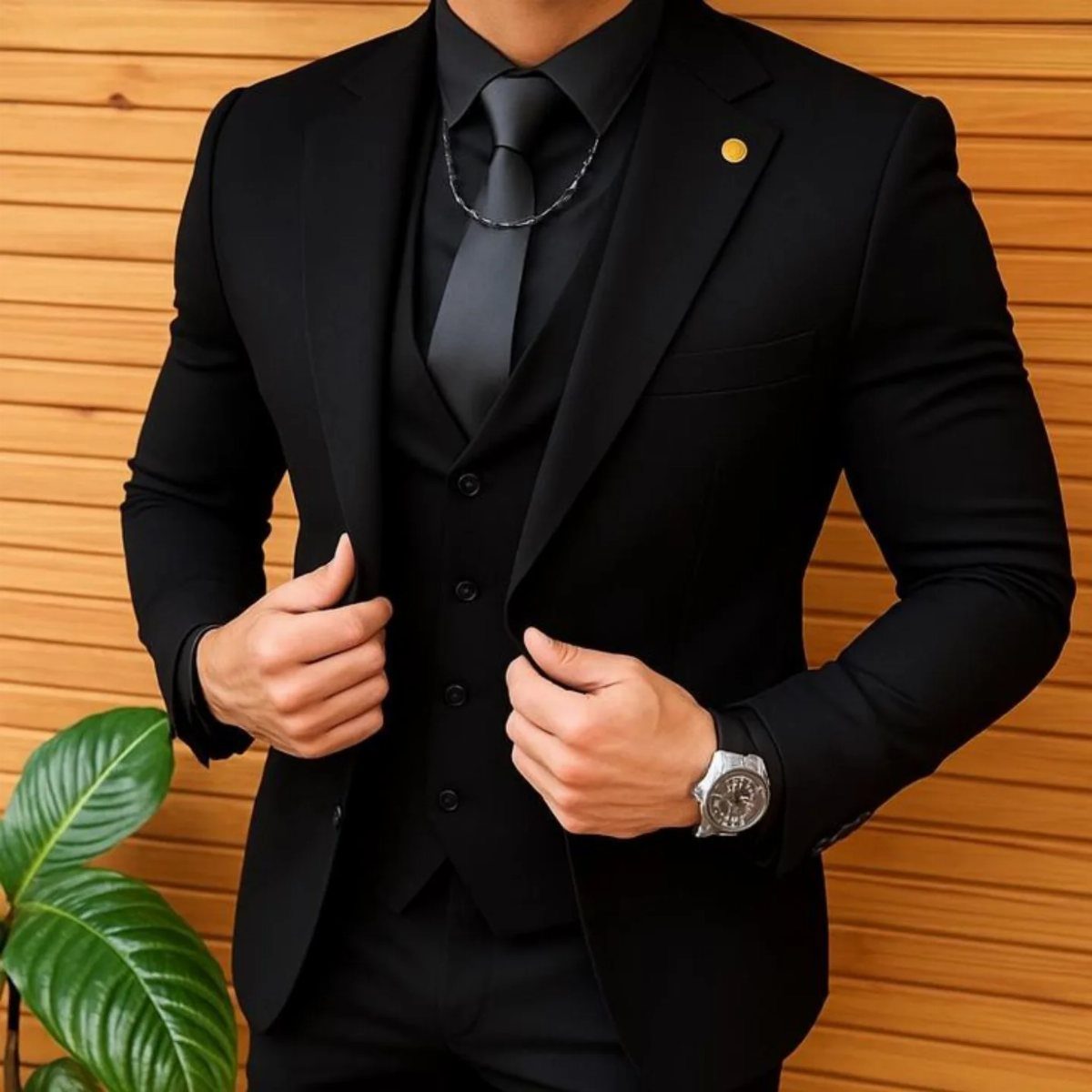 Man wearing a black three-piece suit with a black shirt and tie.