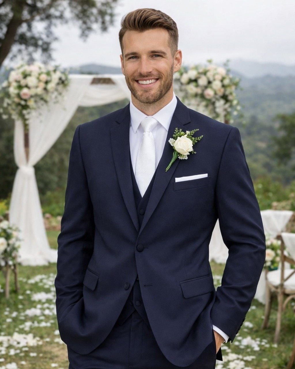 Smiling man in a navy blue three-piece suit with a white tie and boutonniere.