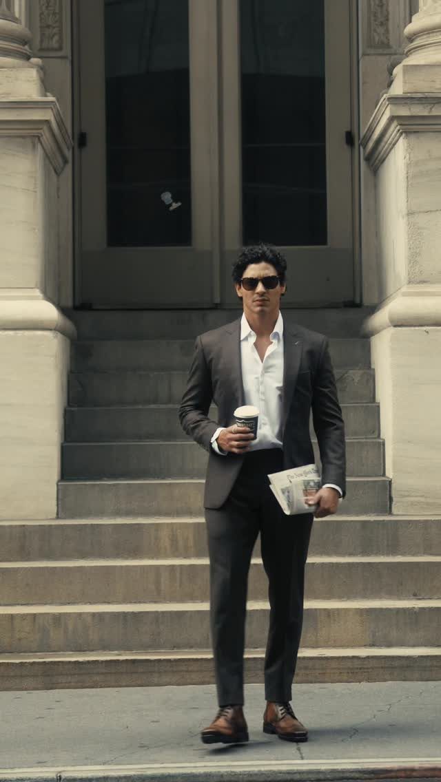 A man in a dark grey suit and white shirt stands on stone steps holding coffee.