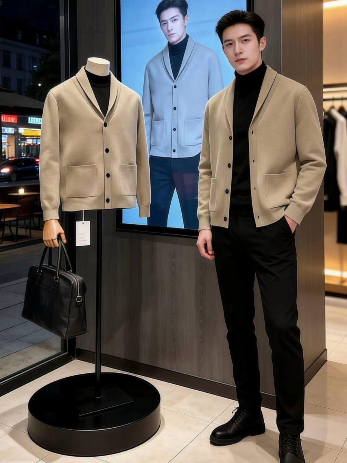 A young man posing in a tan cardigan, black turtleneck, and black trousers in a store.