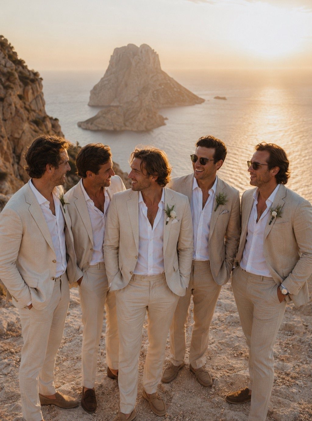 Five men in light linen suits standing on a cliff overlooking the ocean at sunset.