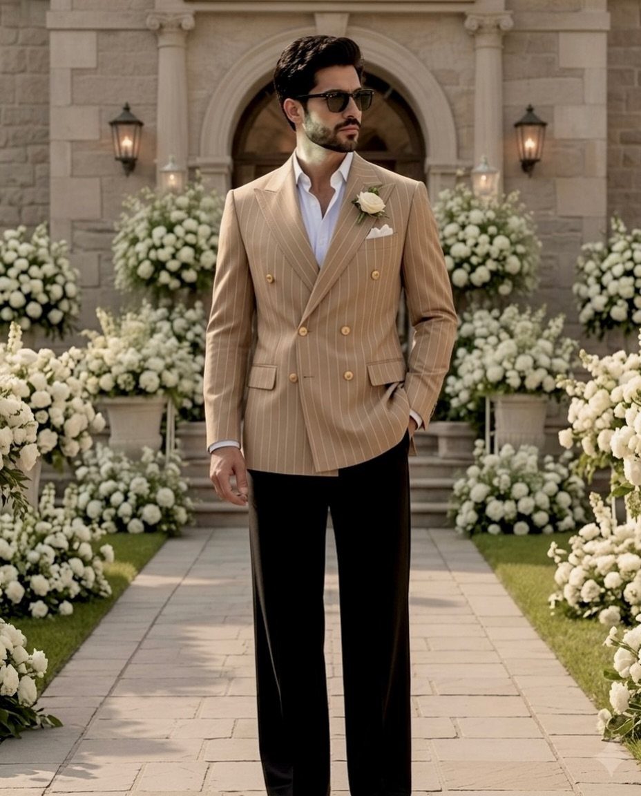 Man in a tan pinstripe double-breasted suit jacket and black trousers standing among white flowers.