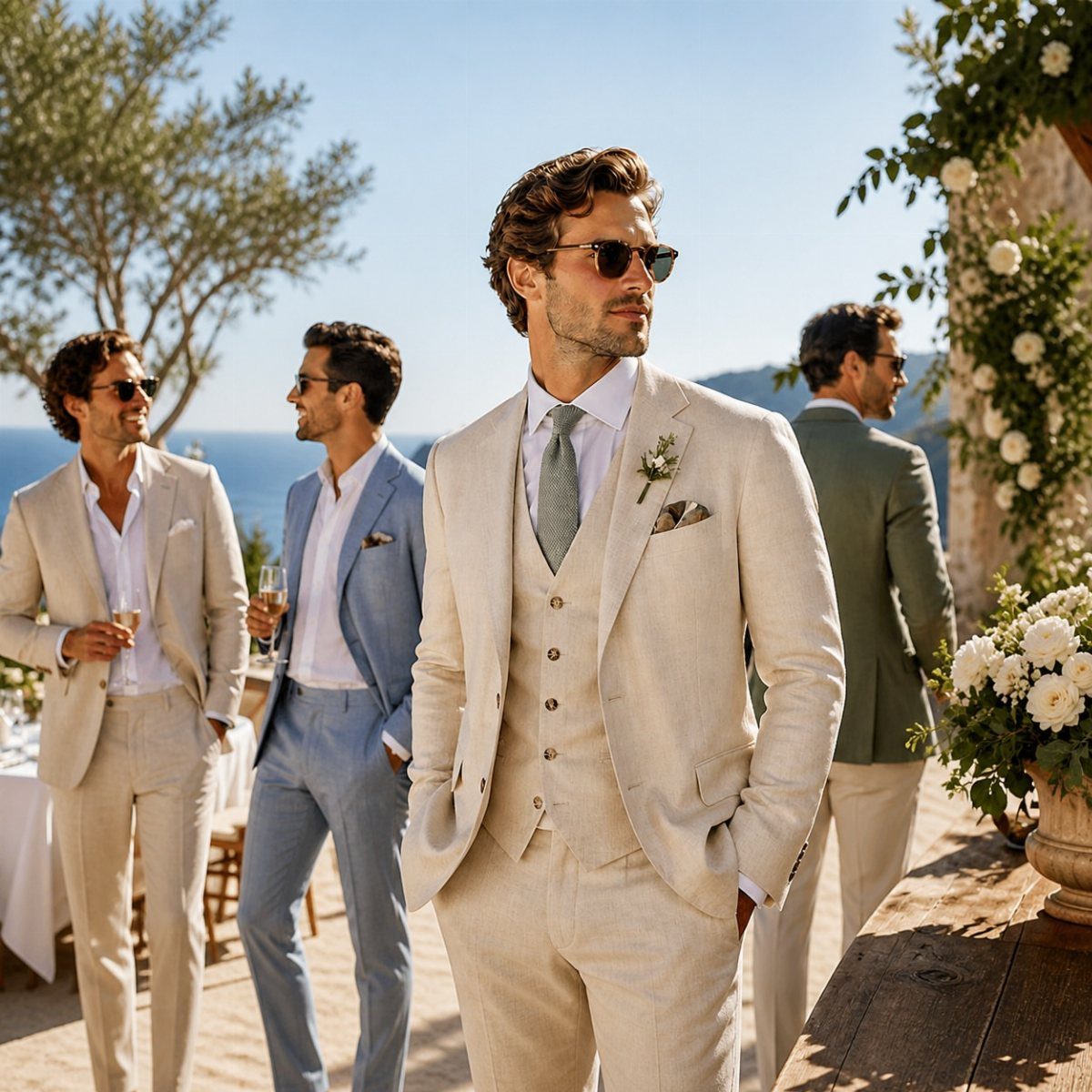 Men wearing light-colored linen and cotton suits standing outdoors near the sea during a sunny day.