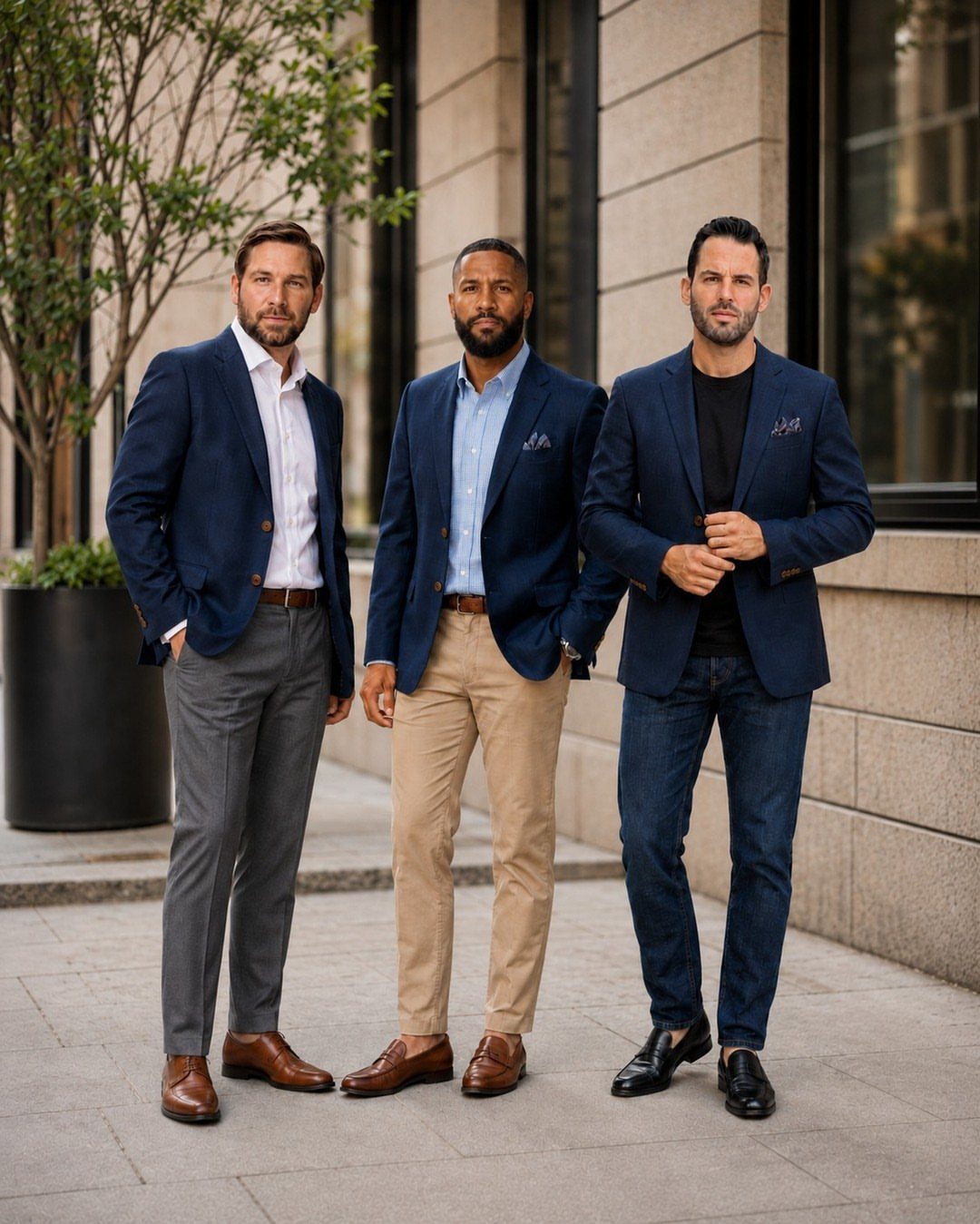 Three men posing in navy blazers, chinos, and jeans against a stone building background.