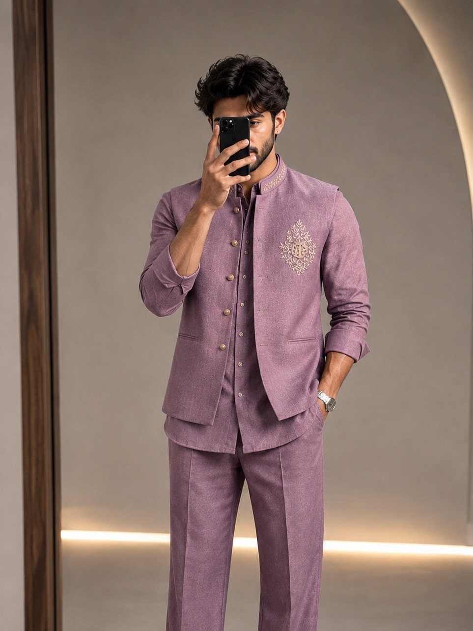 Man in a mauve Nehru jacket and matching trousers taking a mirror selfie.