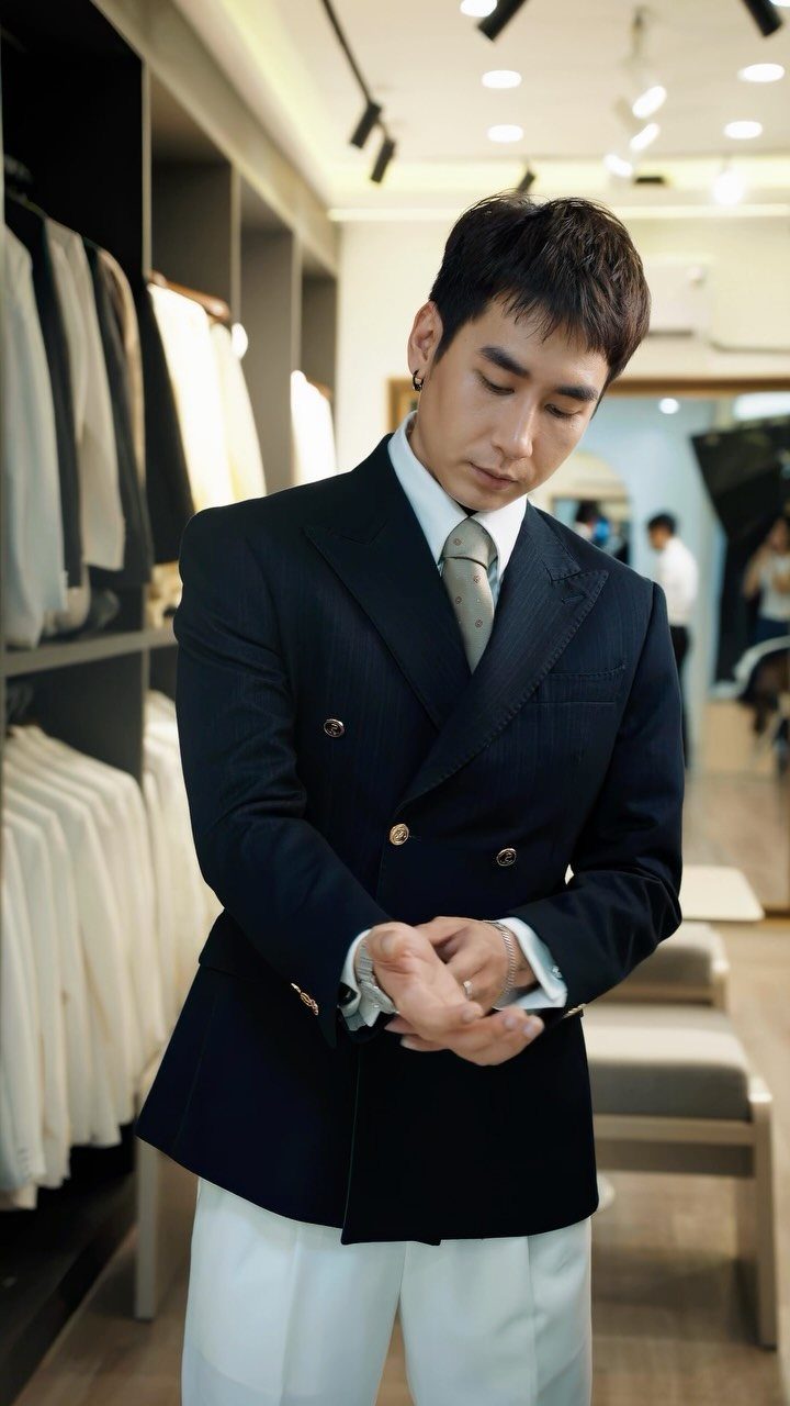 Man in a navy double-breasted blazer and white trousers adjusting his sleeve in a clothing store.