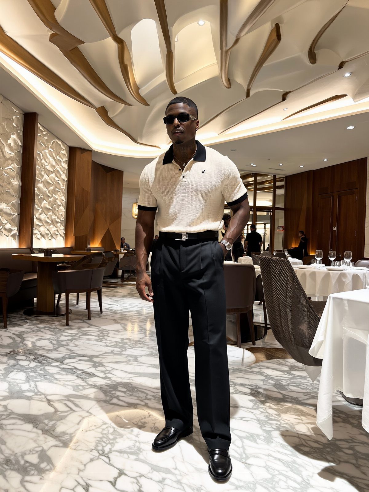 A man in a cream textured polo shirt and black trousers posing in a luxury restaurant.