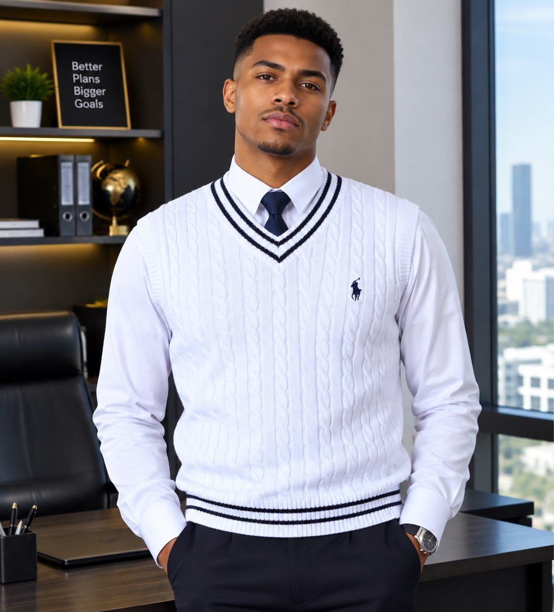 A young man in a white button-up shirt, tie, and cable-knit sweater vest standing in an office.