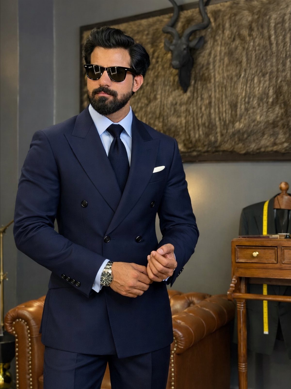 A bearded man in a navy double-breasted suit and sunglasses posing indoors.