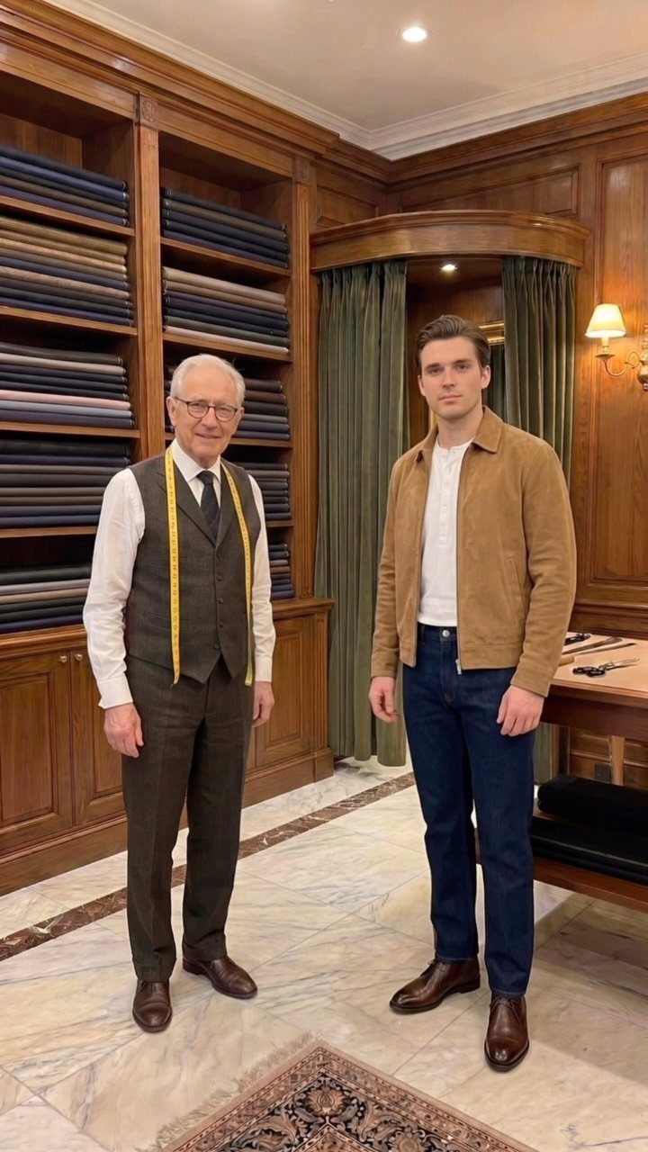 Two men posing in a tailor shop wearing smart casual and formal attire.