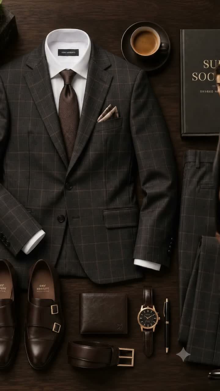A dark grey checkered suit with matching accessories laid out on a dark wood surface.