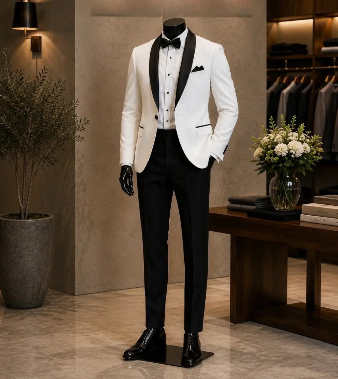 A black mannequin dressed in a white tuxedo jacket with black lapels and black trousers.