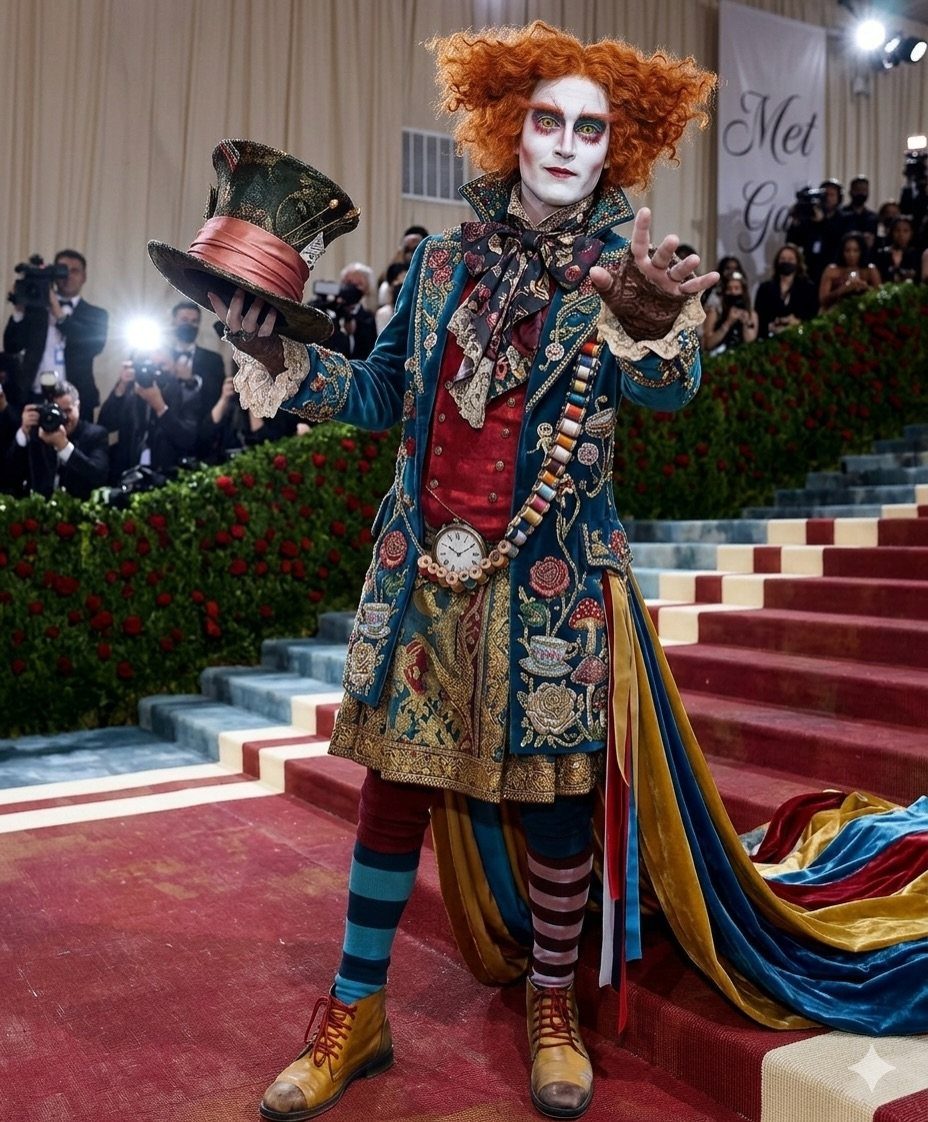 A person in an elaborate Mad Hatter costume posing on red stairs with an orange wig.
