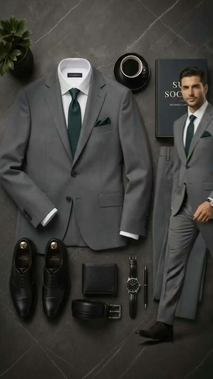 Charcoal grey suit, white shirt, green tie, and black shoes arranged on dark marble.