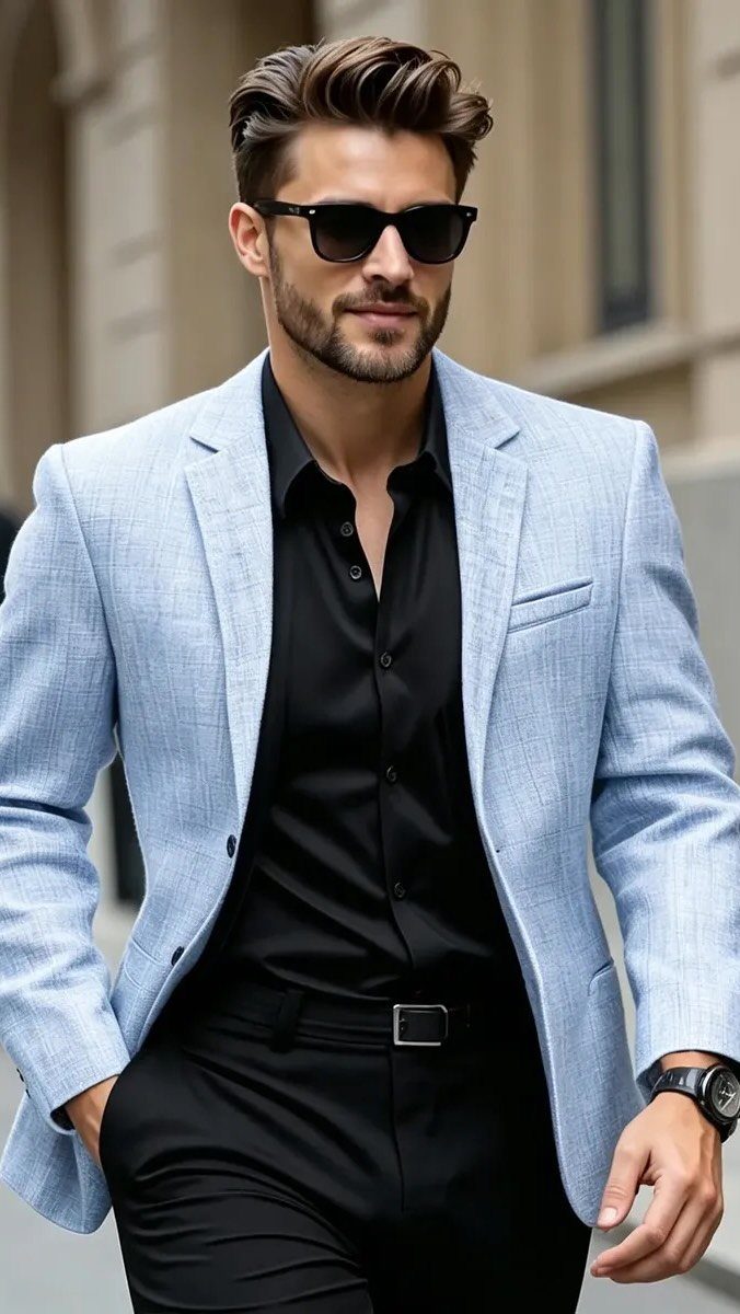 Man in a light blue textured blazer and black shirt walking outdoors.