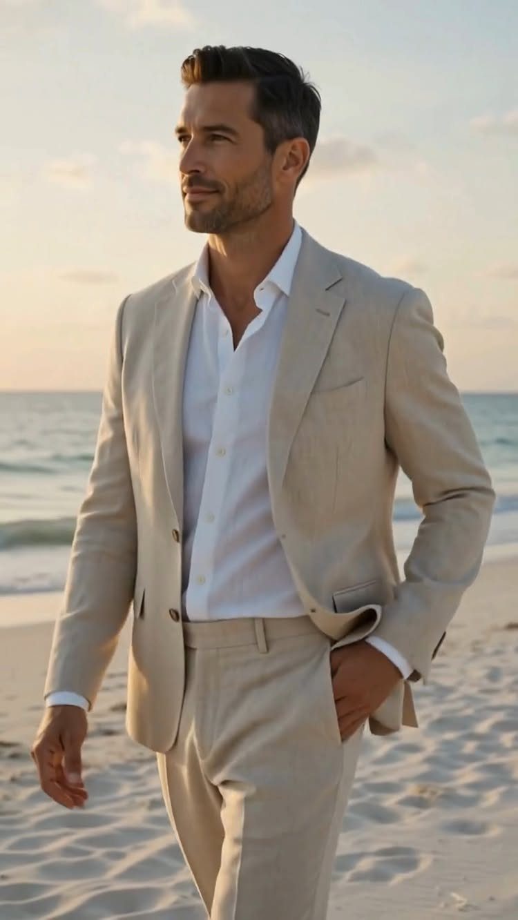 Man in a light beige linen suit walking on a sandy beach at sunset.
