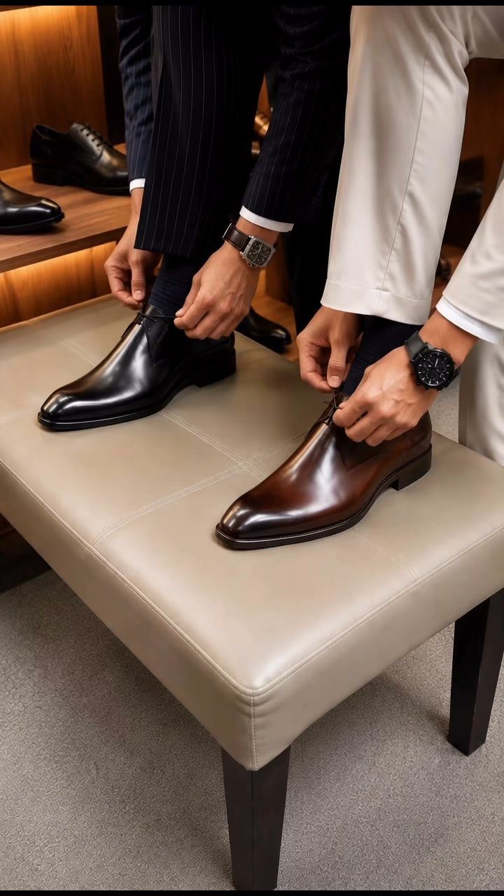 Two men sitting on a beige ottoman putting on leather dress shoes and black socks.