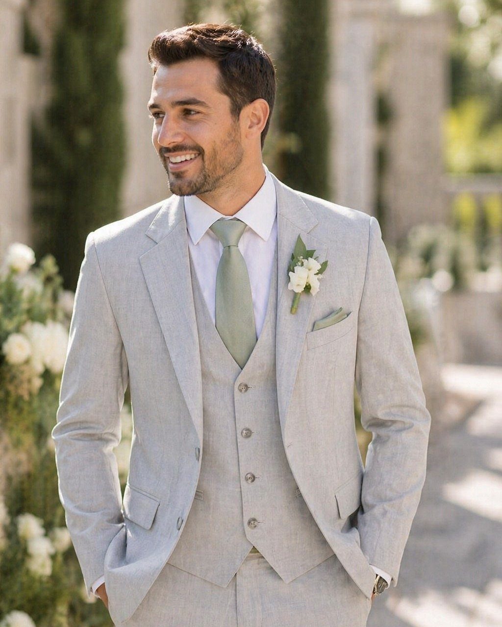 Smiling man in a light grey linen three-piece suit with a sage green tie and white boutonniere.