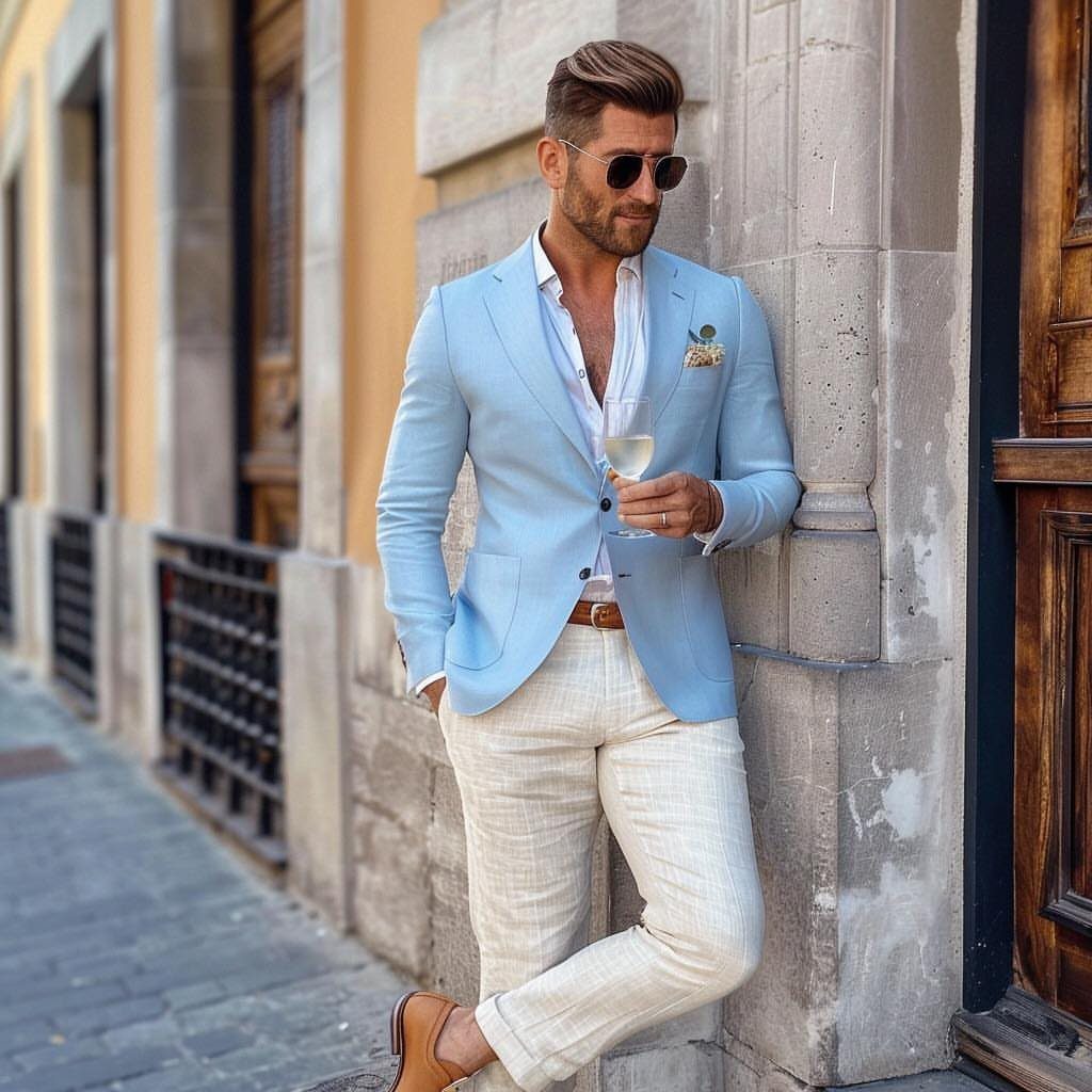 Man in a light blue blazer and cream linen trousers leaning against a stone wall.