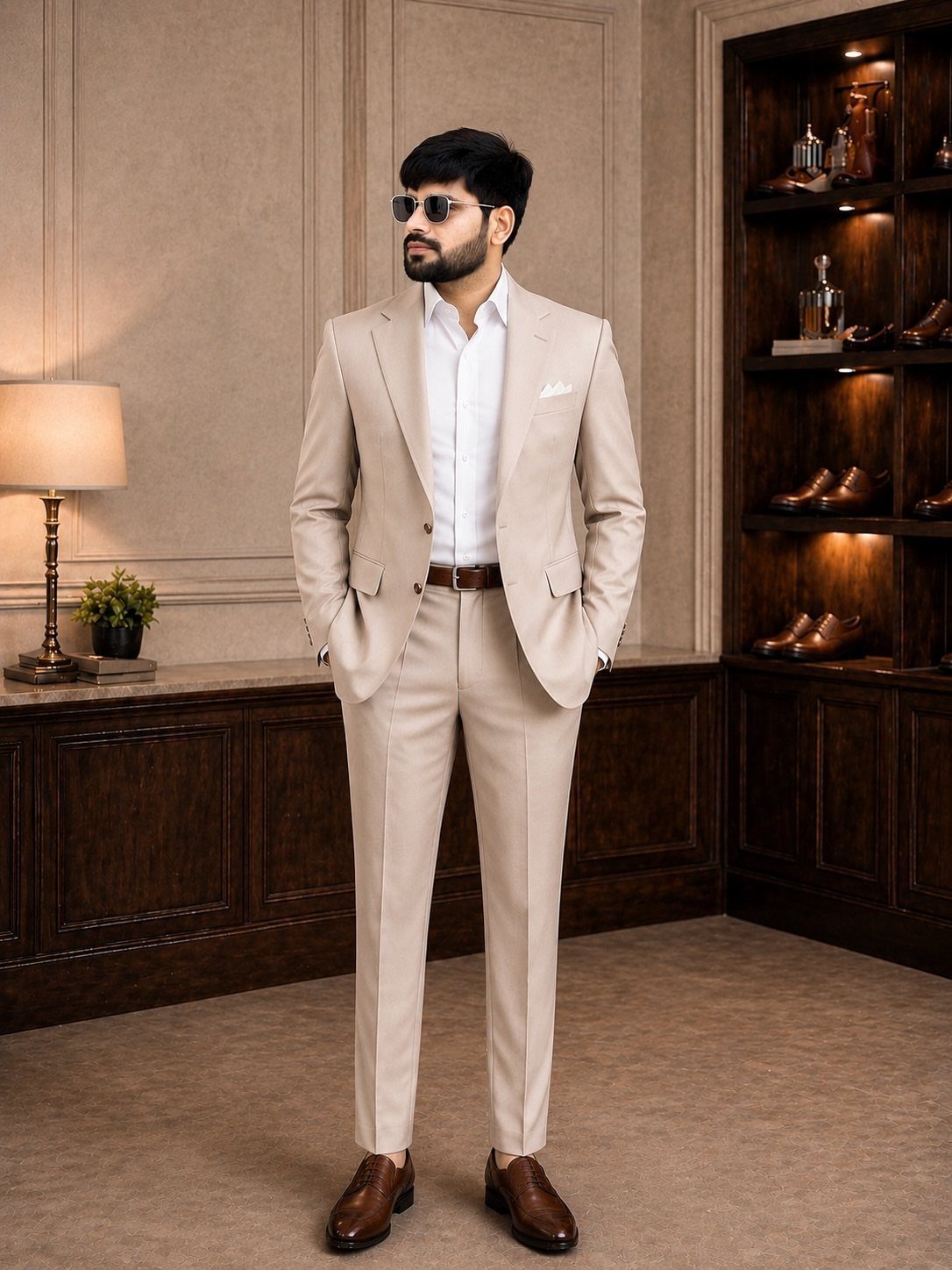 Man in a beige suit and white shirt standing in a room with dark wood furniture.