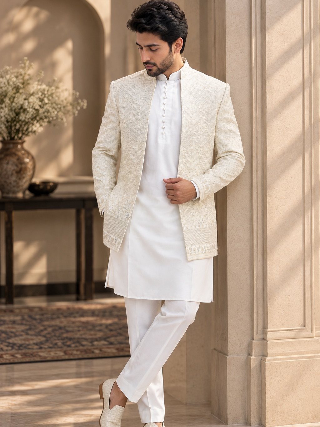 Man in white traditional attire and an ivory patterned Nehru jacket standing by a pillar.