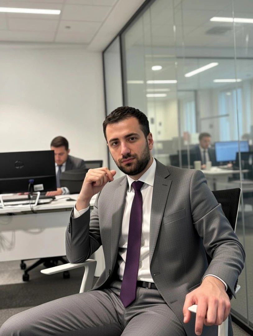 Man in a gray suit and purple tie sitting in a modern office environment.