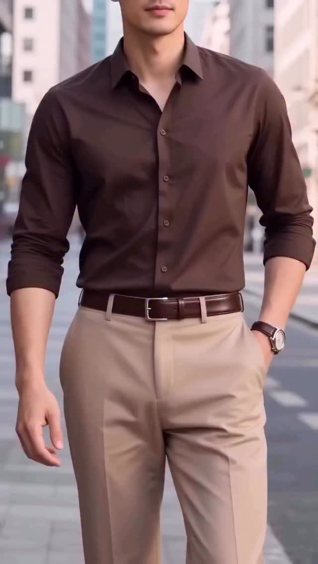 Man wearing a brown button-down shirt and tan trousers with a leather belt.