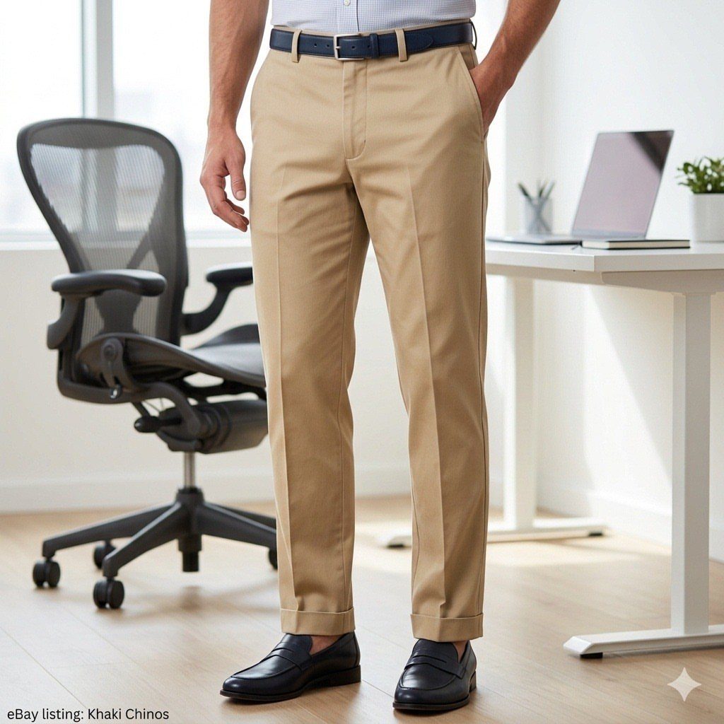 Man wearing tan khaki chinos, a blue belt, and black loafers in an office.
