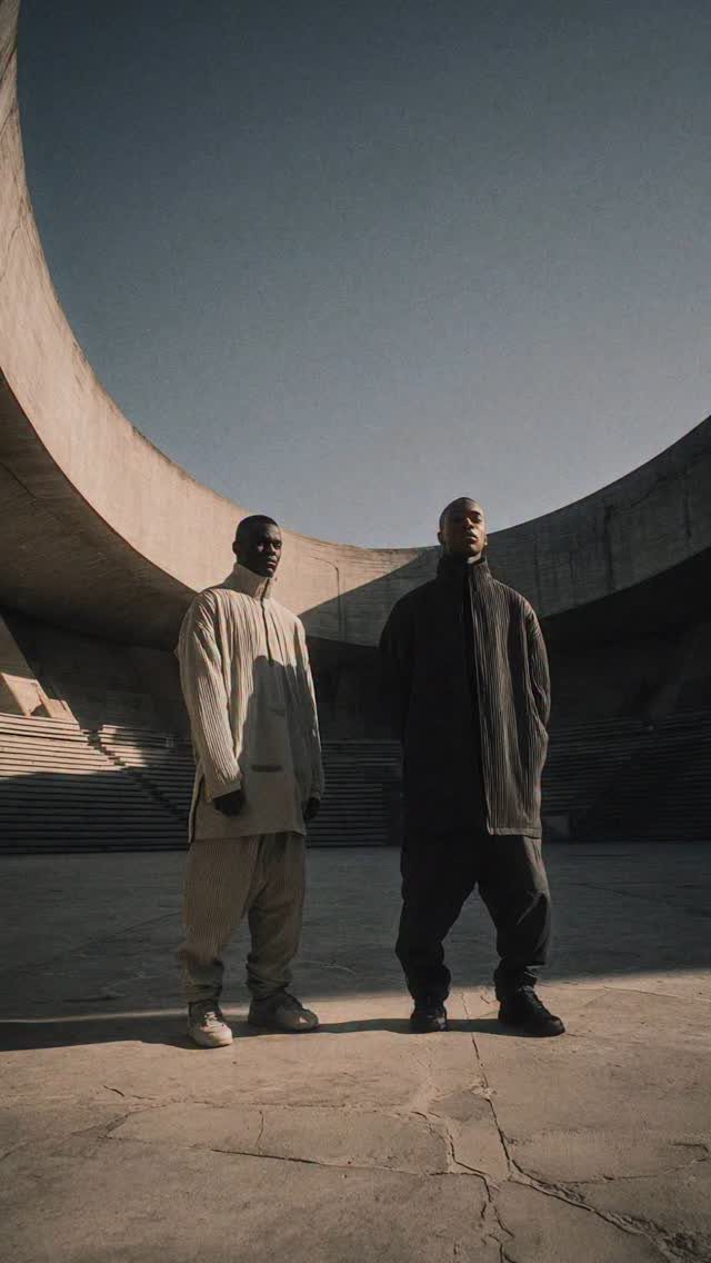 Two men posing in minimalist beige and charcoal textured clothing within a concrete circular structure.