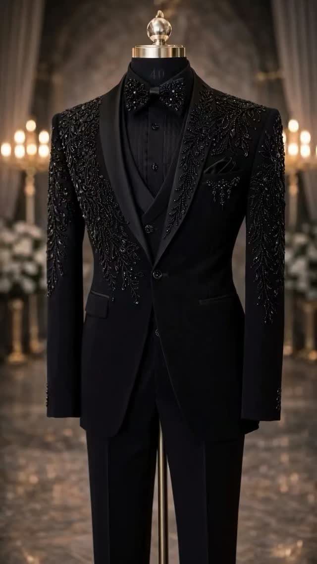 Black three-piece suit with intricate beaded embroidery displayed on a mannequin.