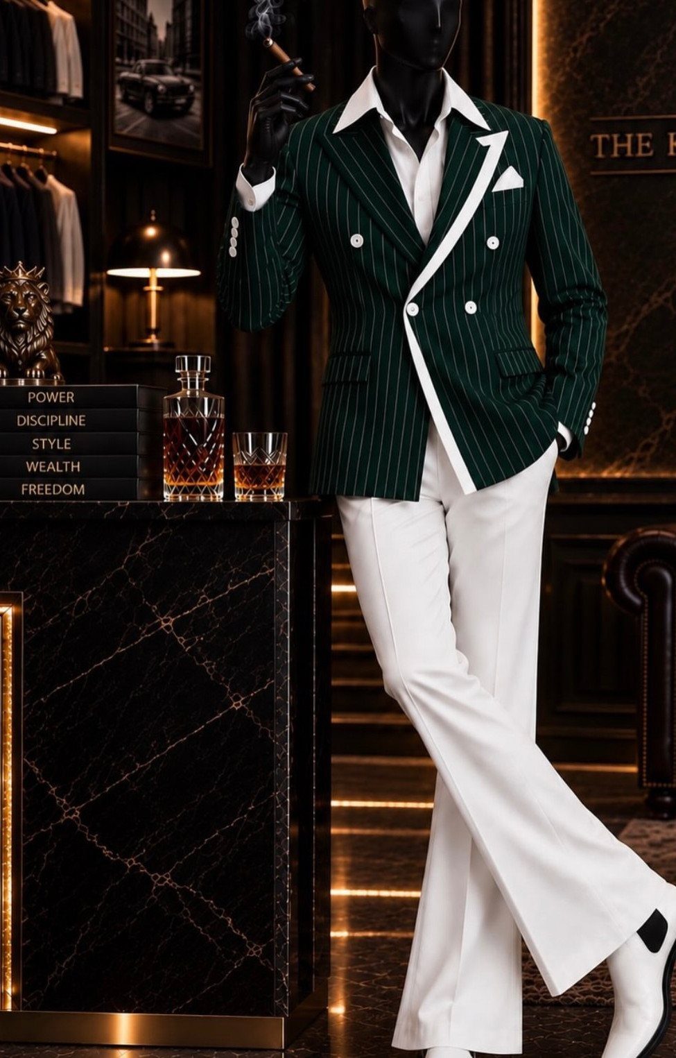 Mannequin wearing a green pinstripe blazer with white lapels and white trousers in a luxury setting.