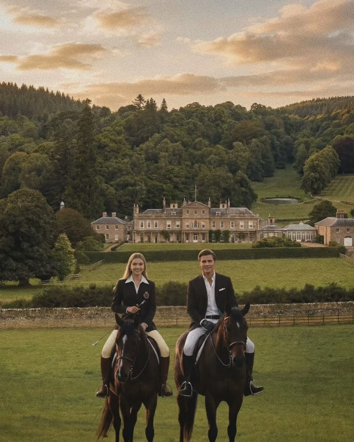 A man and woman riding horses in front of a large estate and forested hills.