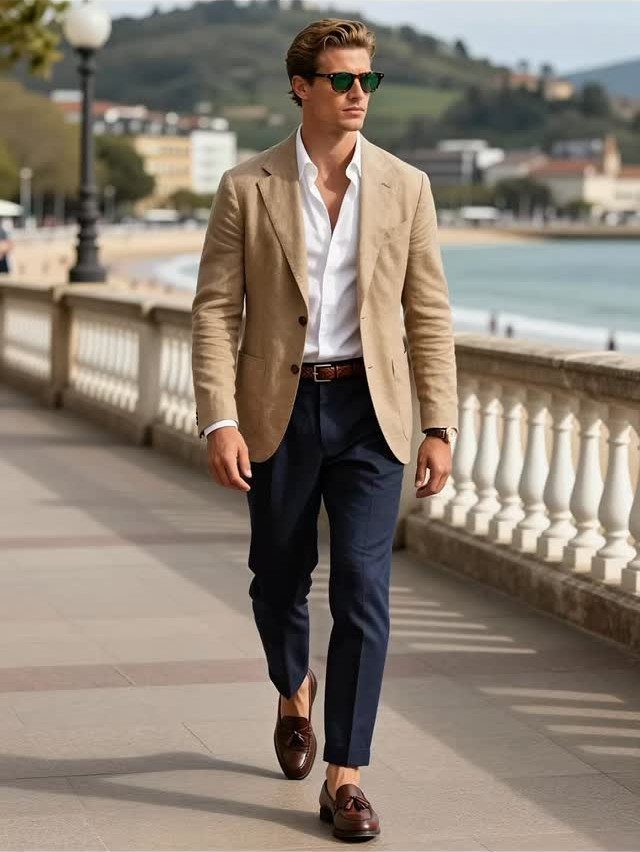 Man in tan blazer, white shirt, and navy trousers walking along a coastal promenade.