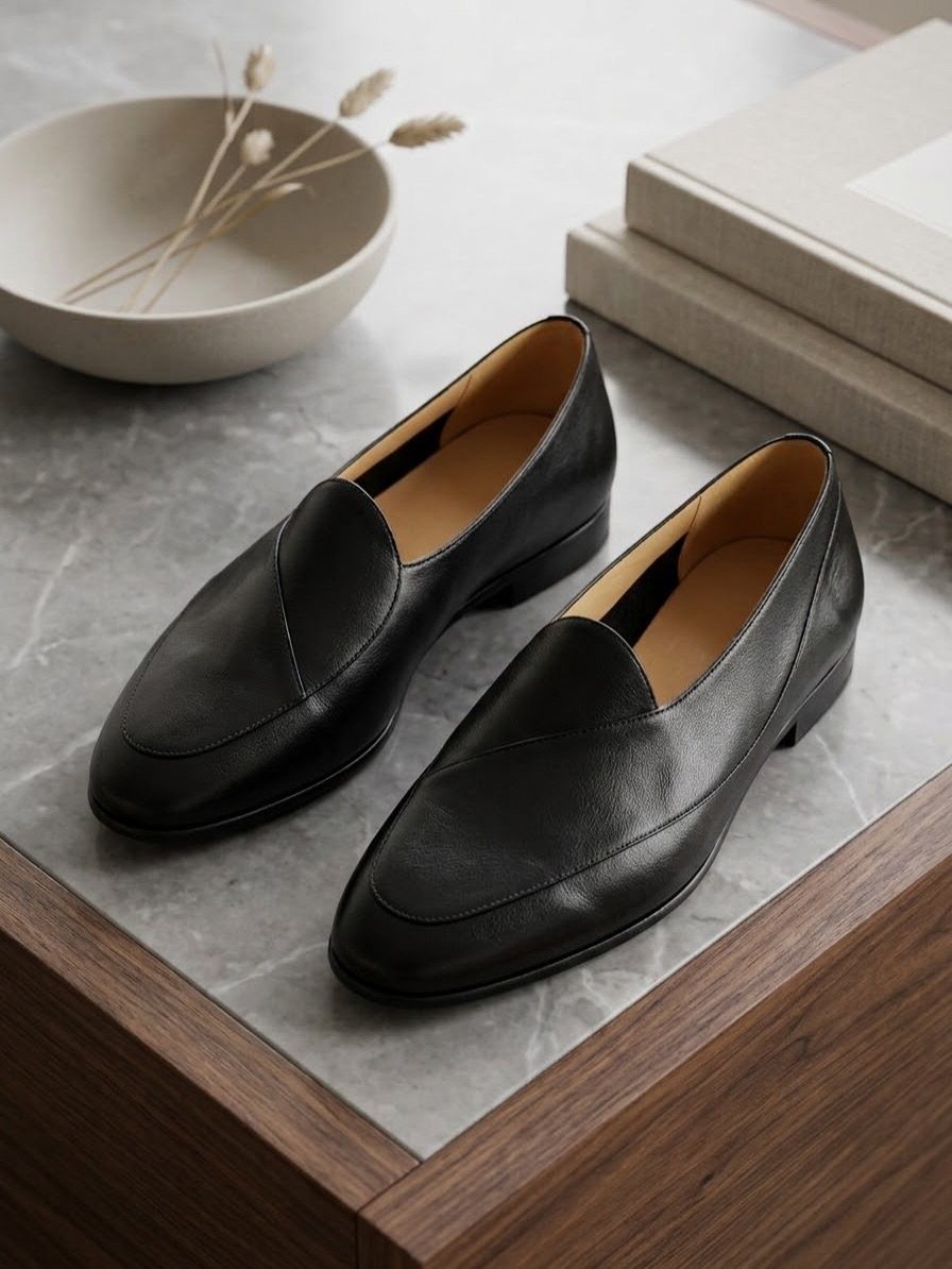 Black leather loafers resting on a marble tabletop next to a bowl and books.