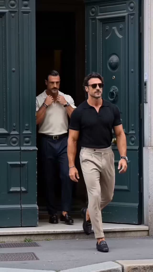 Man walking through a green doorway wearing a black polo shirt and beige chinos.