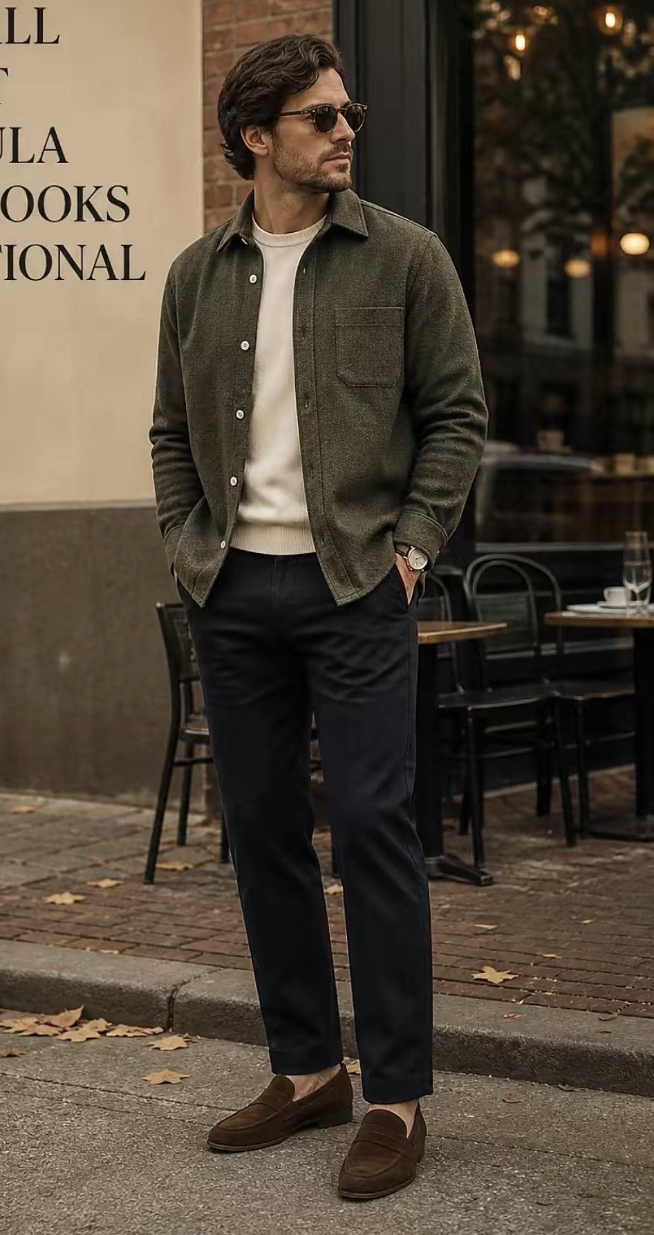 A man wearing an olive shirt, cream sweater, navy trousers, and brown loafers standing outdoors.