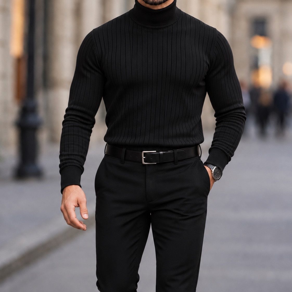 Man wearing a black ribbed turtleneck sweater and black tailored trousers standing on a city street.