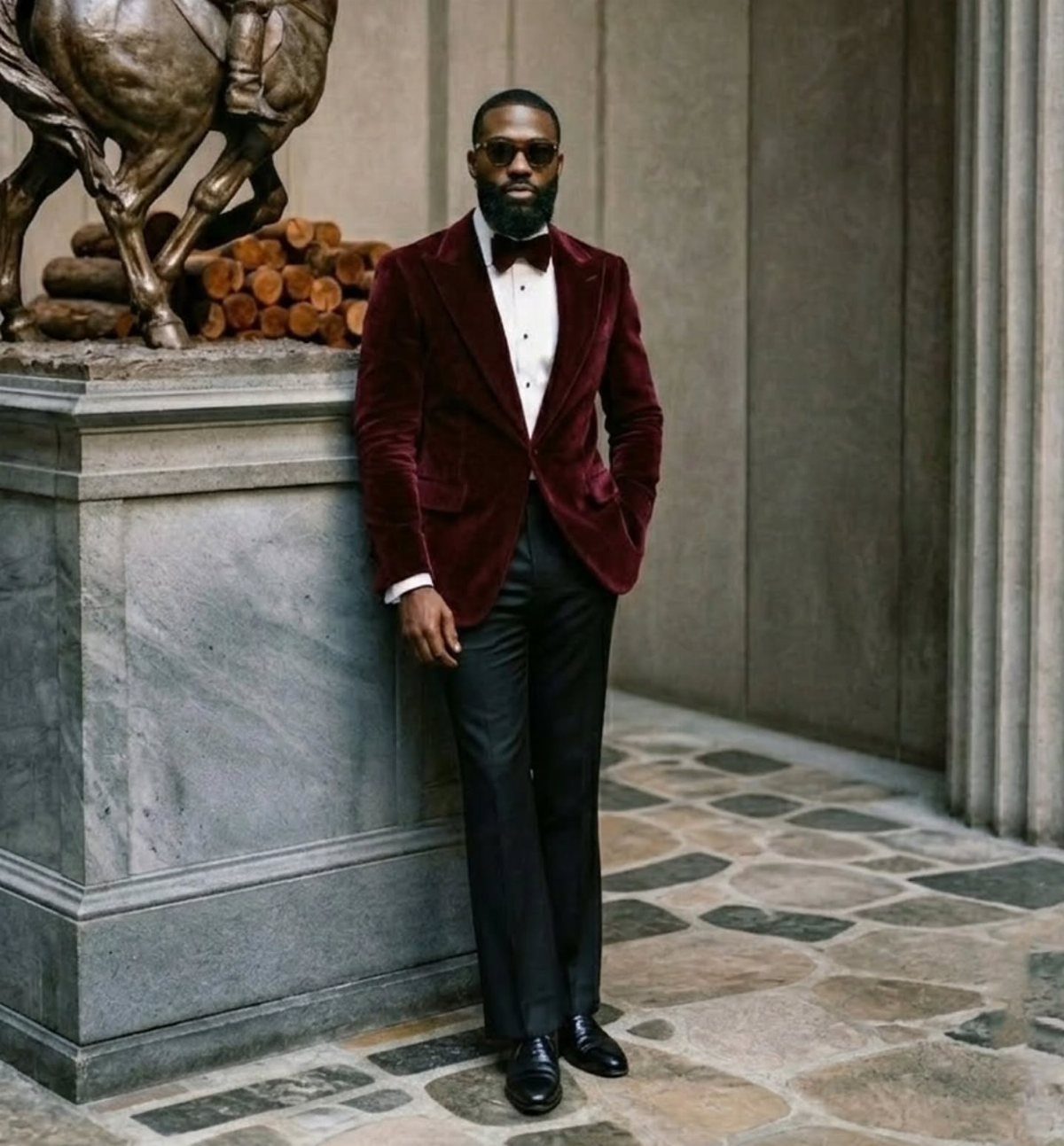 A man in a burgundy velvet blazer, white shirt, and black bow tie posing outdoors.
