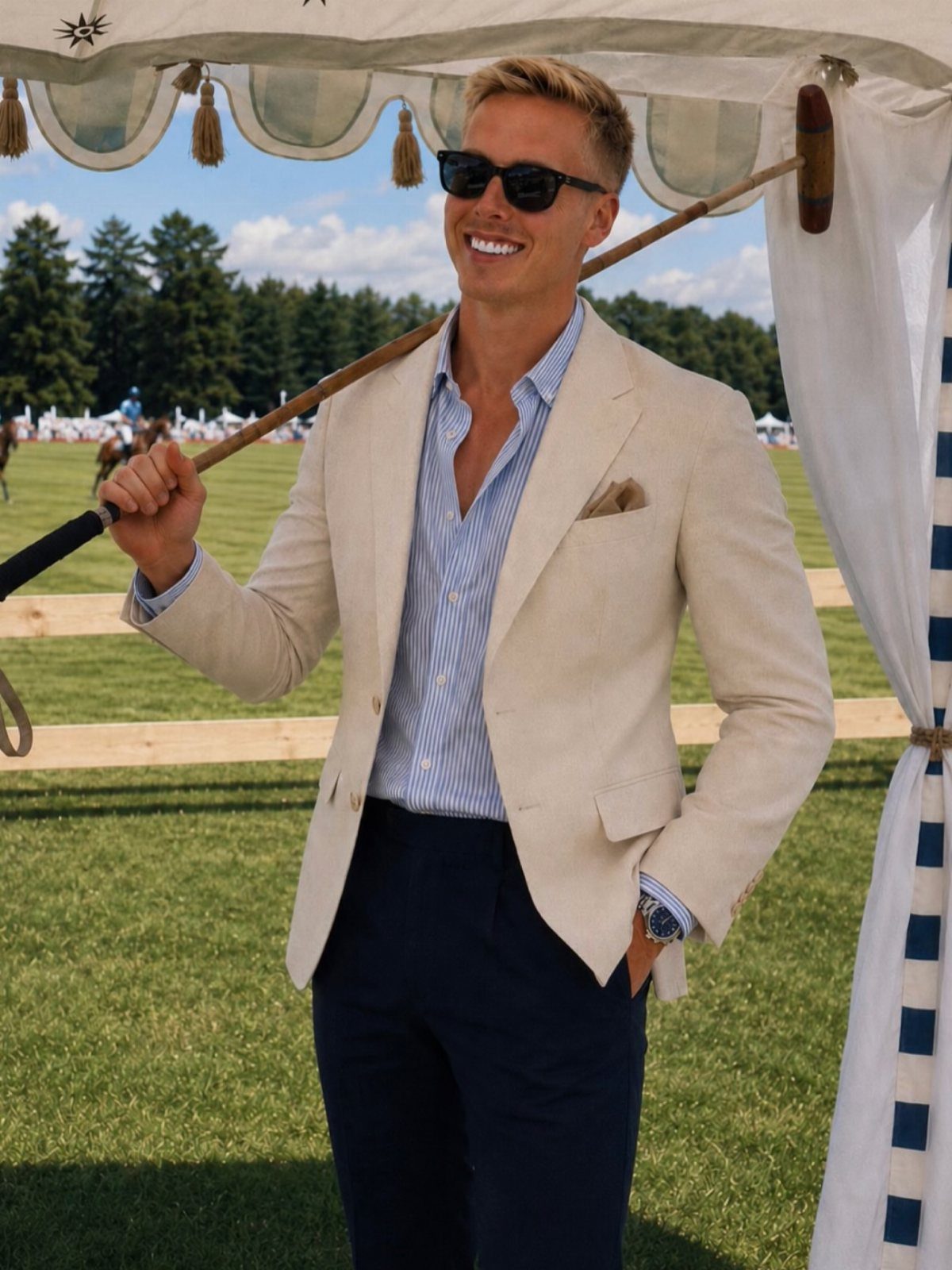 Smiling man in a beige blazer and striped shirt holding a polo mallet outdoors.