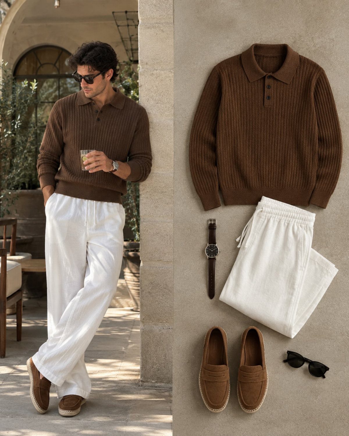 A man in a brown ribbed polo sweater and white trousers stands next to a clothing flat lay.