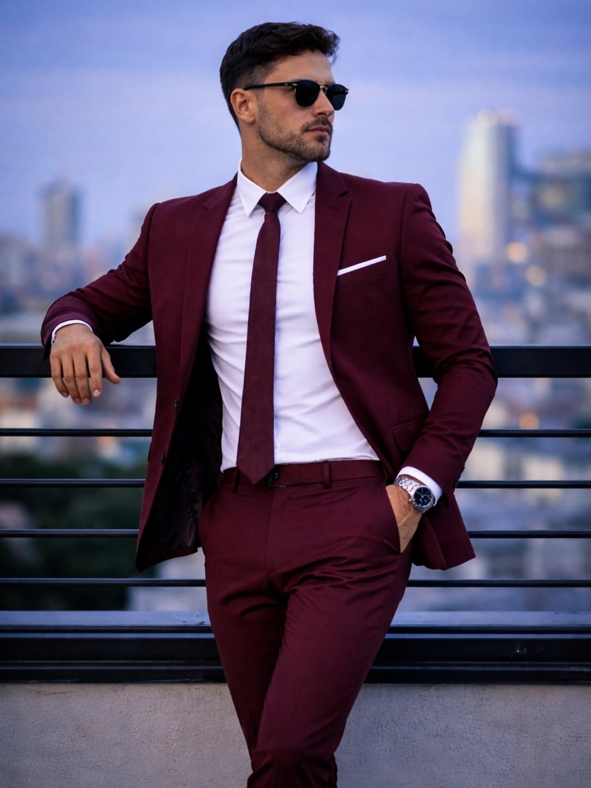 A man in a burgundy suit and white shirt posing against a city skyline.