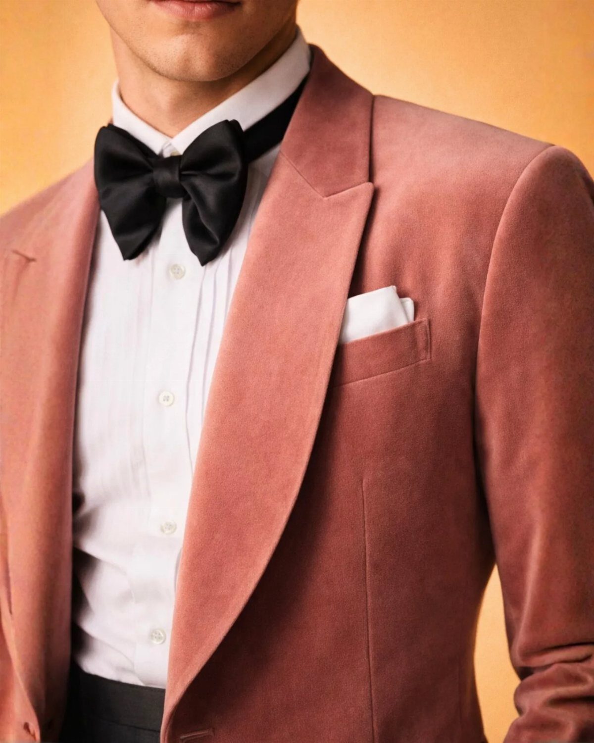 Man wearing a dusty pink velvet blazer with a black bow tie and white shirt.